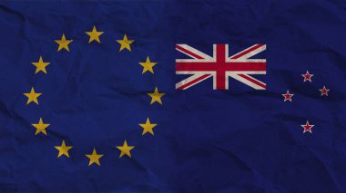 Yeni Zelanda ve Avrupa Birliği Bayrakları Birlikte, Buruşmuş Kağıt Efekti 3B Görüntü