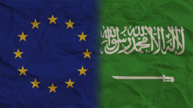 Suudi Arabistan ve Avrupa Birliği Bayrakları Birlikte, Kırışık Kağıt Efekti 3B Görüntü
