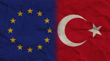 Türkiye ve Avrupa Birliği Bayrakları Birlikte, Buruşuk Kağıt Efekti Arkaplan 3D Görüntü