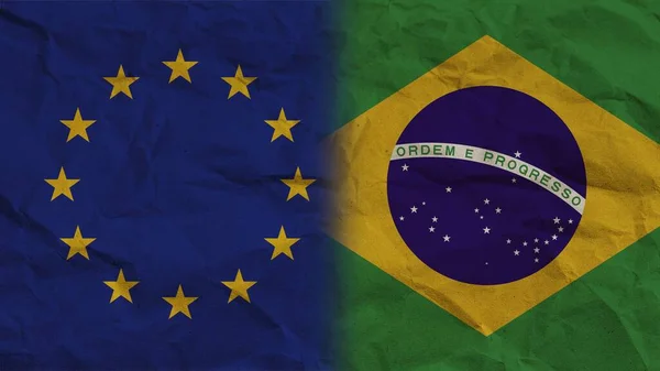 巴西和欧盟旗帜连在一起 折皱纸效背景3D画图 — 图库照片