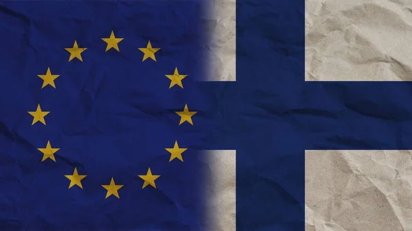 Finlandiya Avrupa Birliği Bayrakları Birlikte Buruşuk Kağıt Efekti Arkaplan Görüntü — Stok fotoğraf