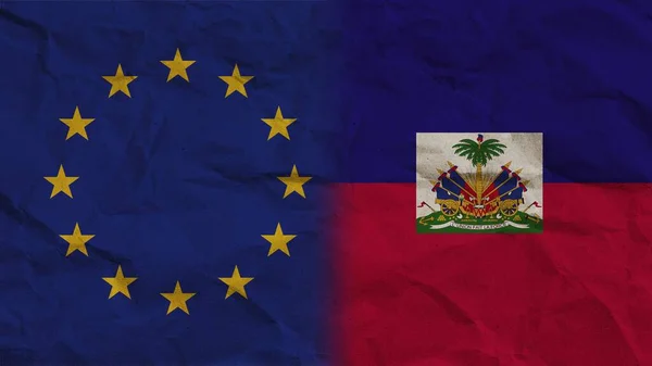 Haiti Unione Europea Bandiere Insieme Carta Stropicciata Effetto Sfondo Illustrazione — Foto Stock