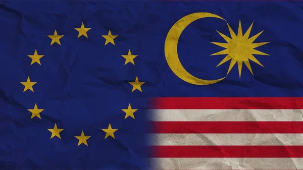 Μαλαισία Και Ευρωπαϊκή Ένωση Σηματοδοτεί Μαζί Συντετριμμένο Φόντο Επίδραση Χαρτιού — Φωτογραφία Αρχείου