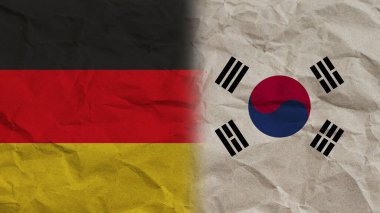 Güney Kore ve Almanya Birlikte Bayraklar, Buruşuk Kağıt Efekti Arkaplan 3D İllüstrasyon