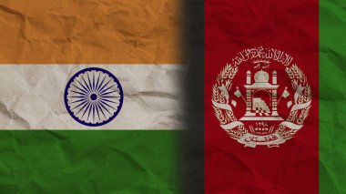 Afganistan ve Hindistan Bayrakları Birlikte, Buruşuk Kağıt Efekti Arkaplan 3D İllüstrasyon