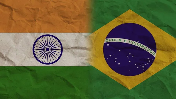 Brazil and India Flags Together, Crumpled Paper Effect Background 3D Illustration