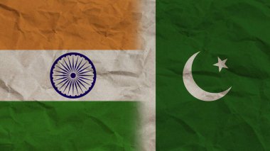 Pakistan ve Hindistan Birlikte Bayraklar, Buruşuk Kağıt Efekti Arkaplan 3D İllüstrasyon