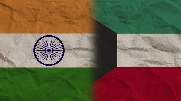 Kuwait India Zászlók Együtt Gyűrött Papír Hatás Háttér Illusztráció — Stock Fotó