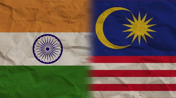 マレーシアとインドの旗が折り重なる紙効果背景3Dイラスト — ストック写真