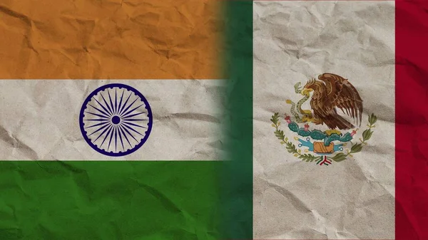 墨西哥和印度国旗连在一起 折皱纸效背景3D图解 — 图库照片