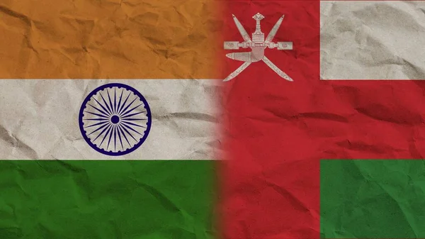 Omán India Zászlók Együtt Gyűrött Papír Hatás Háttér Illusztráció — Stock Fotó
