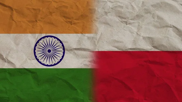 Lengyelország India Zászlók Együtt Gyűrött Papír Hatás Háttér Illusztráció — Stock Fotó
