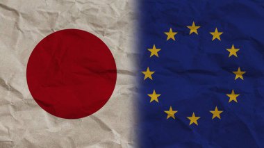 Avrupa Birliği ve Japonya Bayrakları Birlikte, Kırışık Kağıt Efekti 3B Görüntü
