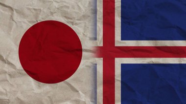 İzlanda ve Japonya Bayrakları Birlikte, Buruşuk Kağıt Efekti Arkaplan 3D İllüstrasyon