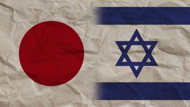 İsrail ve Japonya Bayrakları Birlikte, Buruşuk Kağıt Efekti Arkaplan 3D İllüstrasyon