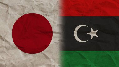 Libya ve Japonya Bayraklarını Birleştirdi, Kırışık Kağıt Efekti Arkaplan 3D Görüntü