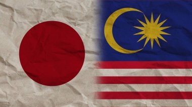 Malezya ve Japonya Bayrakları Birlikte, Buruşuk Kağıt Efekti Arkaplan 3D İllüstrasyon