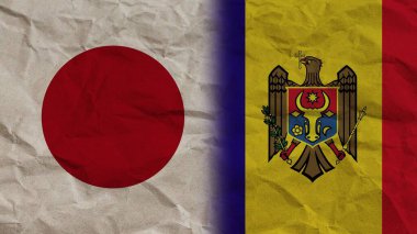 Moldova ve Japonya Bayrakları Birlikte, Buruşuk Kağıt Efekti Arkaplan 3B Görüntü