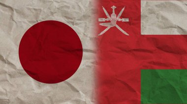 Umman ve Japonya Bayrakları Birlikte, Buruşuk Kağıt Efekti Arkaplan 3D Görüntü