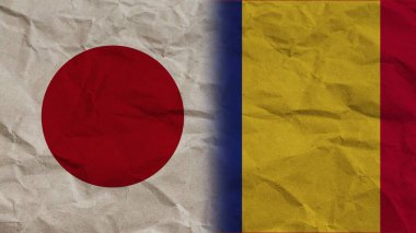 Romanya ve Japonya 'nın Bayrakları Buruşuk Kağıt Efekti Arkaplan 3B Görüntü