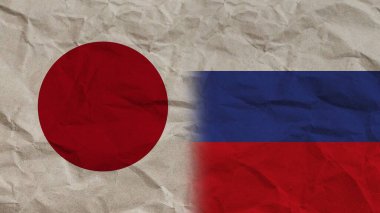 Rusya ve Japonya Birlikte Bayraklar, Buruşuk Kağıt Efekti Arkaplan 3B Görüntü
