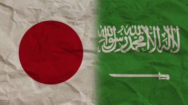 Suudi Arabistan ve Japonya Bayrakları Birlikte, Buruşuk Kağıt Efekti 3D Görüntü