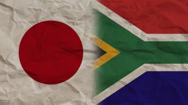 Güney Afrika ve Japonya Bayrakları, Buruşuk Kağıt Efekti Arkaplan 3D İllüstrasyon