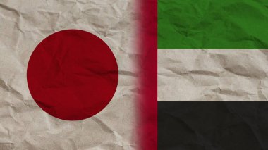 Birleşik Arap Emirlikleri ve Japon Bayrakları Birlikte, Buruşuk Kağıt Efekti Arkaplan 3D İllüstrasyon
