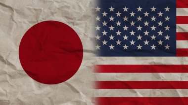Amerika Birleşik Devletleri ve Japonya Bayrakları, Buruşuk Kağıt Efekti Arkaplan 3D İllüstrasyon