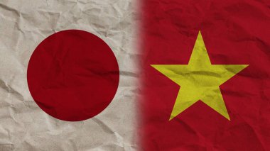 Vietnam ve Japonya Bayrakları Birlikte, Buruşuk Kağıt Efekti Arkaplan 3D İllüstrasyon