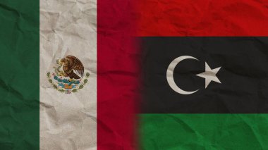Libya ve Meksika Bayrakları Birlikte, Buruşuk Kağıt Efekti Arkaplan 3D Görüntü