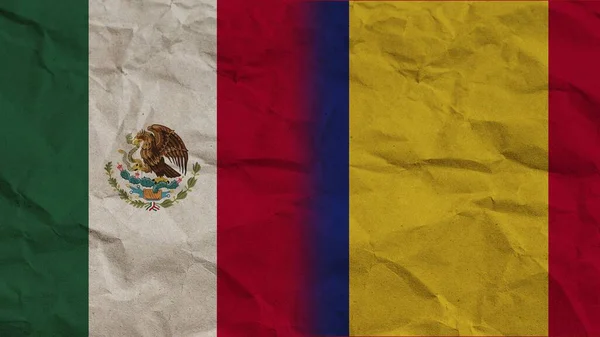Rumänien Och Mexiko Flaggor Tillsammans Skrumpna Papper Effect Bakgrund Illustration — Stockfoto