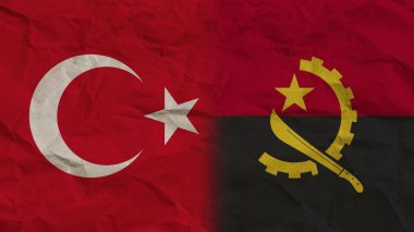 Angola ve Türkiye Bayrakları Birlikte, Buruşuk Kağıt Efekti Arkaplan 3D Görüntü