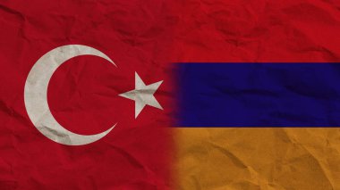 Ermenistan ve Türkiye Bayrakları Birlikte, Buruşuk Kağıt Efekti Arkaplan 3D Görüntü