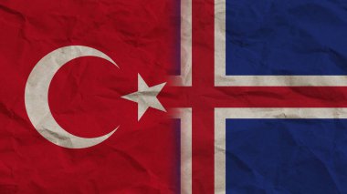 İzlanda ve Türkiye Bayrakları Birlikte, Buruşuk Kağıt Efekti Arkaplan 3B Görüntü