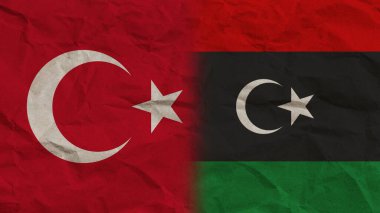 Libya ve Türkiye 'nin Bayrakları Kırışmış Kağıt Efekti Arkaplan 3D Görüntü