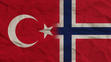 Norveç ve Türkiye Bayrakları Birlikte, Buruşuk Kağıt Efekti Arkaplan 3B İllüstrasyon