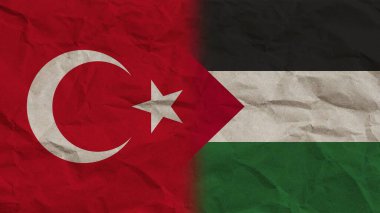 Filistin ve Türkiye Bayrakları Birlikte, Buruşuk Kağıt Efekti Arkaplan 3D İllüstrasyon