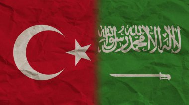 Suudi Arabistan ve Türkiye Bayrakları Birlikte, Kırışık Kağıt Efekti 3B Görüntü