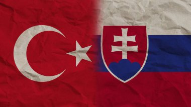 Slovakya ve Türkiye Bayrakları Birlikte, Buruşuk Kağıt Efekti Arkaplan 3D Görüntü