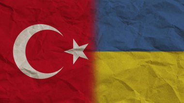 Ukrayna ve Türkiye Bayrakları Birlikte, Buruşuk Kağıt Efekti Arkaplan 3B Görüntü