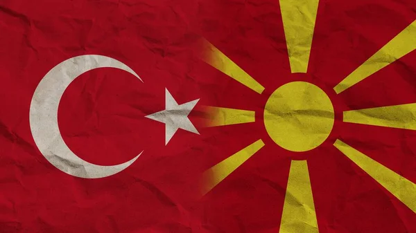 Macedónia Törökország Zászlók Együtt Gyűrött Papír Hatás Háttér Illusztráció — Stock Fotó