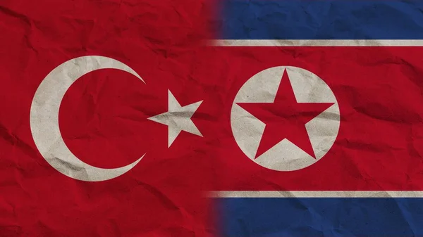 Bandeiras Coreia Norte Turquia Juntas Ilustração Fundo Efeito Papel Enrugado — Fotografia de Stock