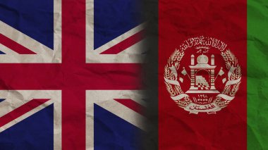 Afganistan ve Birleşik Krallık Bayrakları, Buruşuk Kağıt Efekti Arkaplan 3D İllüstrasyon