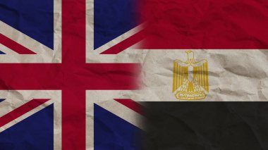 Mısır ve Birleşik Krallık Bayrakları, Buruşuk Kağıt Efekti Arkaplan 3D İllüstrasyon