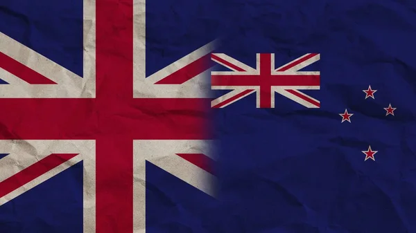 Nowa Zelandia Zjednoczone Królestwo Flagi Razem Crumpled Paper Effect Tło — Zdjęcie stockowe