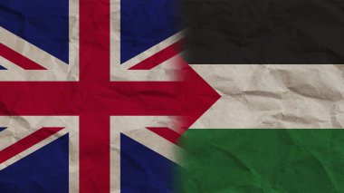 Filistin ve Birleşik Krallık Bayrakları, Buruşuk Kağıt Efekti Arkaplan 3D İllüstrasyon