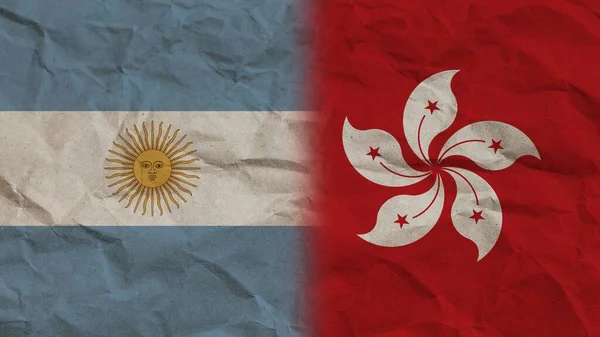 Hong Kong and Argentina Flags Together, Crumpled Paper Effect Background 3D Illustration