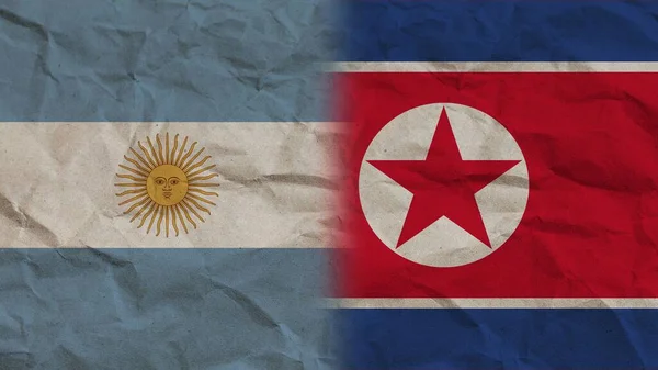 North Korea and Argentina Flags Together, Crumpled Paper Effect Background 3D Illustration