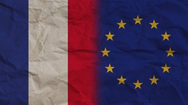 Avrupa Birliği ve Fransa Bayrakları Birlikte, Buruşuk Kağıt Efekti Arkaplan 3B Görüntü
